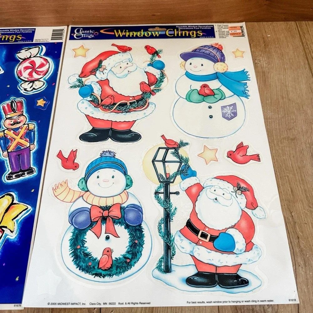 VTG 2000's (2) Christmas‎ Window Clings Decals Santa Snowman Present Candy Cane
